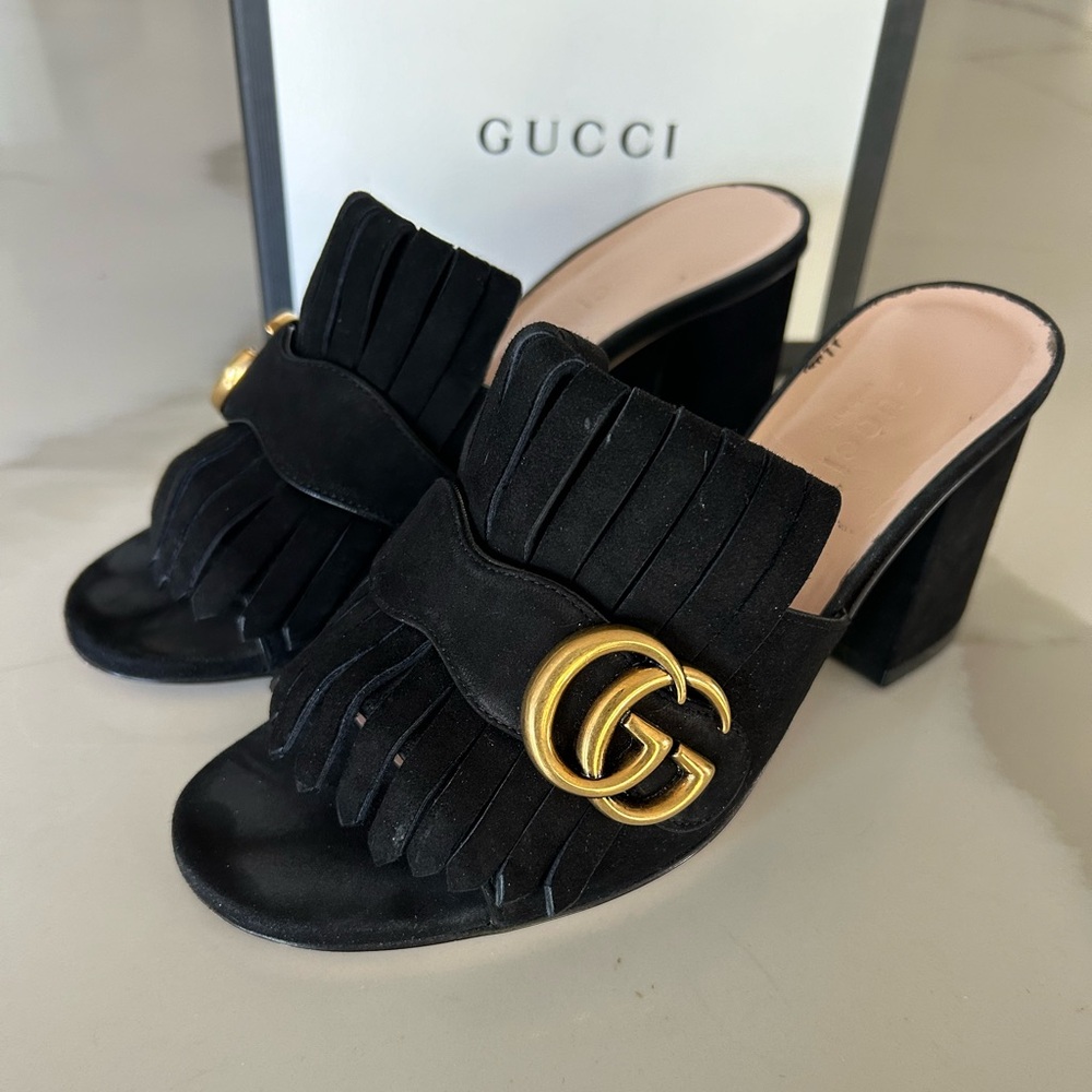 Gucci Scamosciato fringe heel sandal, GG Marmont logo, Black suede, Size 35.5